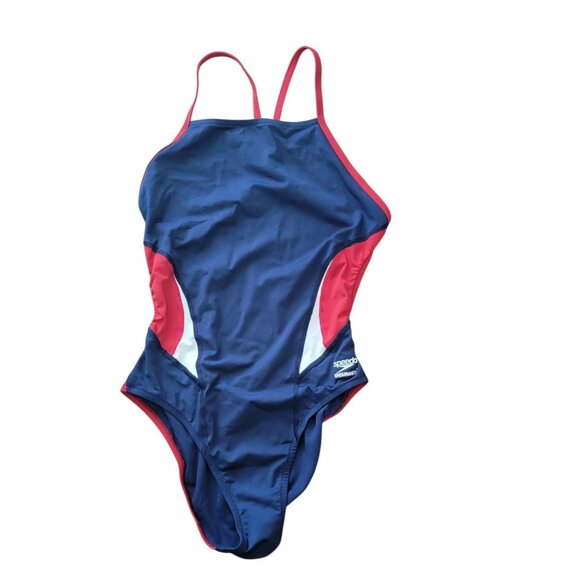 Speedo Womens Swimsuit One Piece Endurance+ Racing Cut Splice Navy Red 38 Sz 12 - Picture 1 of 6